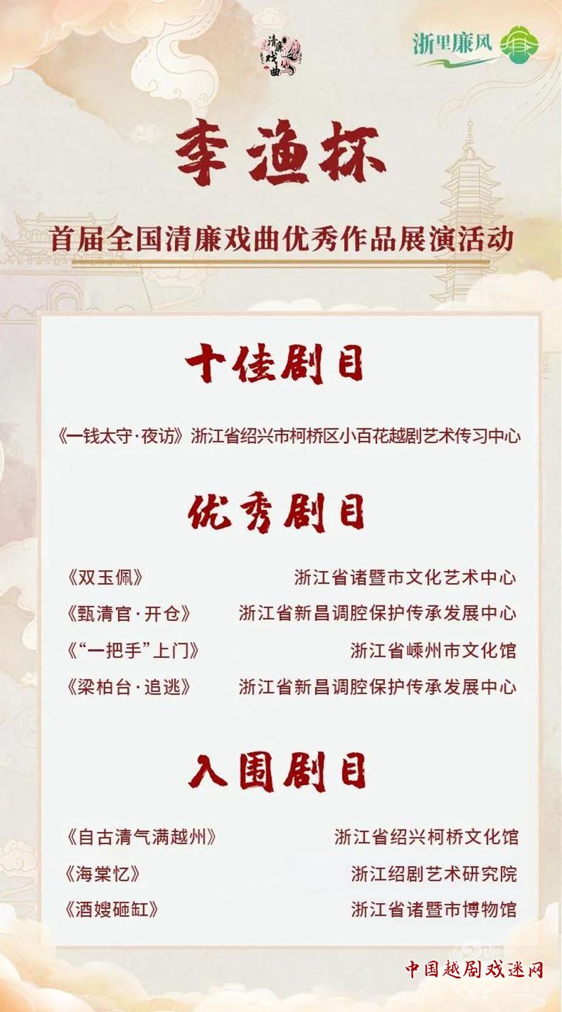 绍兴8部剧目荣获“李渔杯”全国清廉戏曲优秀作品！